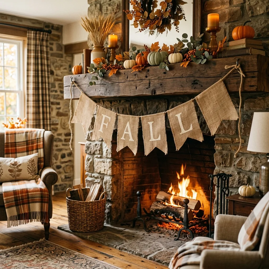 Handmade burlap Thanksgiving banner on a mantel